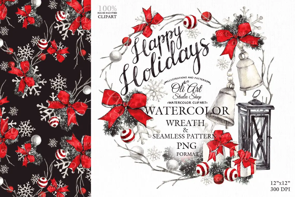 Сhristmas wreath clipart. Happy holidays. Seamless pattern. 1 Сhristmas wreath clipart. Happy holidays. Seamless pattern.