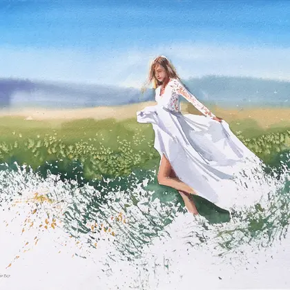 In a white dress on a blooming meadow - Original watercolor