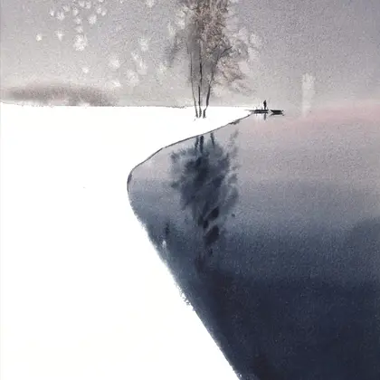 White snow, gray sky, black water - Original watercolor