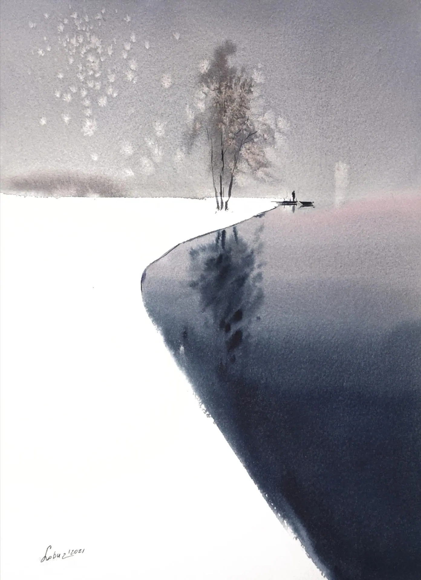 White snow, gray sky, black water - Original watercolor 1 White snow, gray sky, black water - Original watercolor