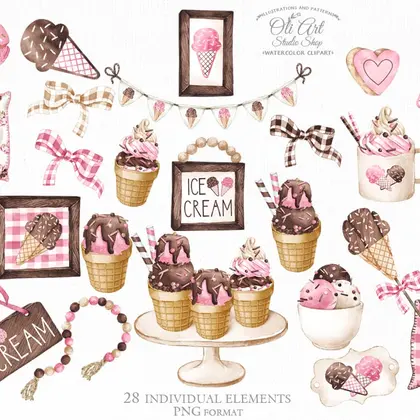 Watercolor chocolate ice cream, decor clipart, summer designs, png