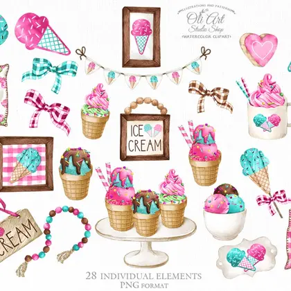 Watercolor ice cream, decor clipart, summer designs, png