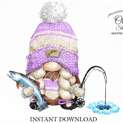 Ice fishing gnome, clipart png, digital design, сute characters