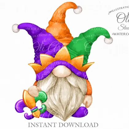 Jester hat, Mardi Gras Gnome clipart, cute characters