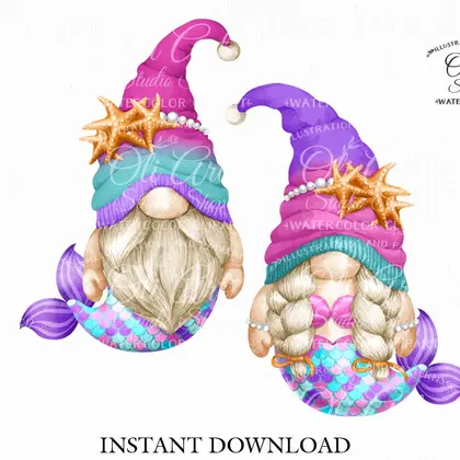 Mermaids Gnomes, сute characters, digital clipart PNG