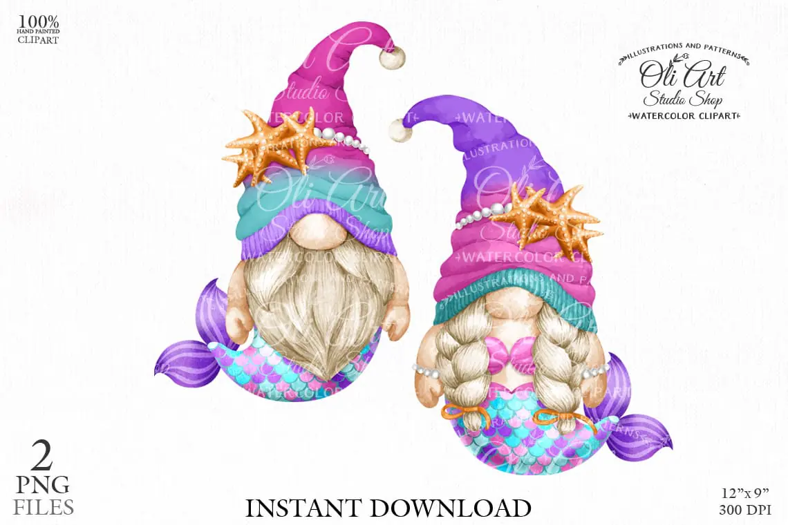 Mermaids Gnomes, сute characters, digital clipart PNG 1 Mermaids Gnomes, сute characters, digital clipart PNG