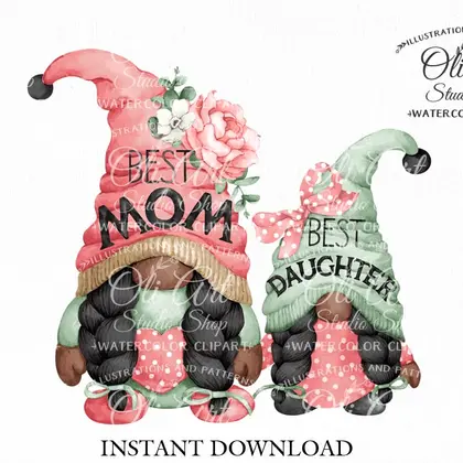 Mom and Daughter, Gnome digital clipart png, Mother's day, сute characters