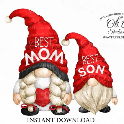 Mom and son, Gnome digital clipart png, Mother's day