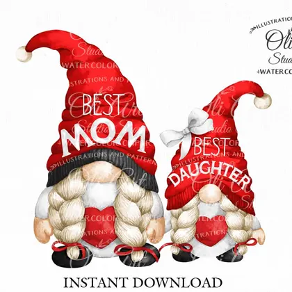 Mom and Daughter, Gnome digital clipart png, Mother's day, сute characters