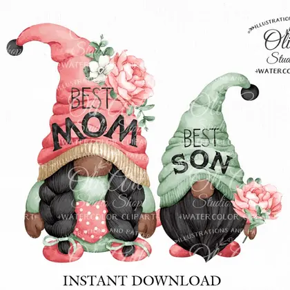 Mom and son, Gnome digital clipart png, Mother's day
