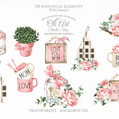 Mother's Day clipart. Pink flowers. Png Watercolor spring clipart