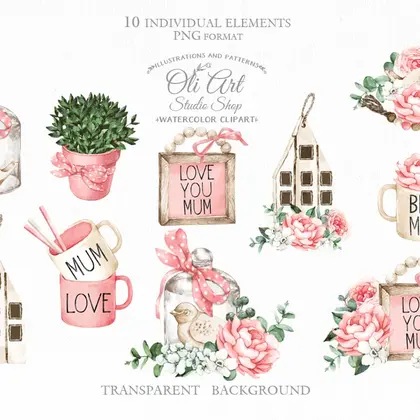 Mother's Day clipart. Pink flowers. Png Watercolor spring clipart