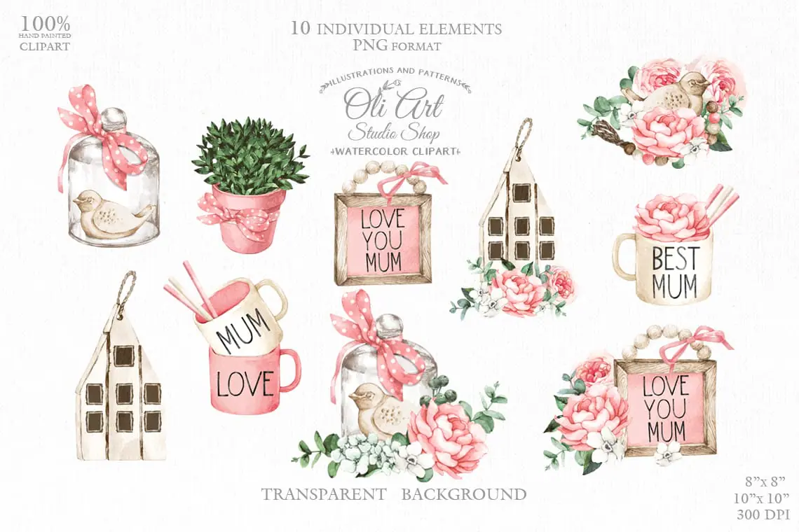 Mother's Day clipart. Pink flowers. Png Watercolor spring clipart 1 Mother's Day clipart. Pink flowers. Png Watercolor spring clipart