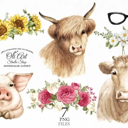 Highland cow, pig with flowers clipart PNG, floral crown cow
