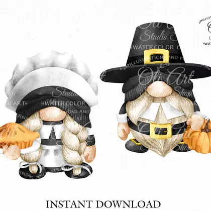 Boy & Girl Pilgrims Gnomes, digital clipart