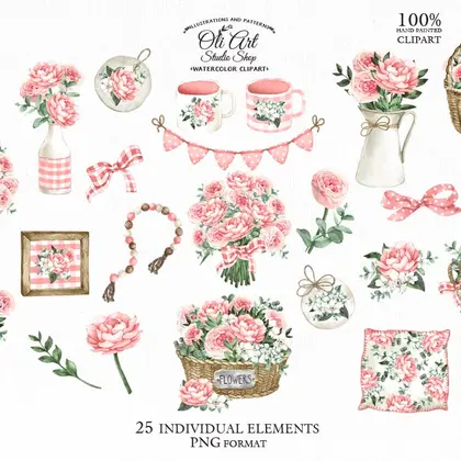 Pink flowers. Mother's Day clipart. Png. Watercolor spring