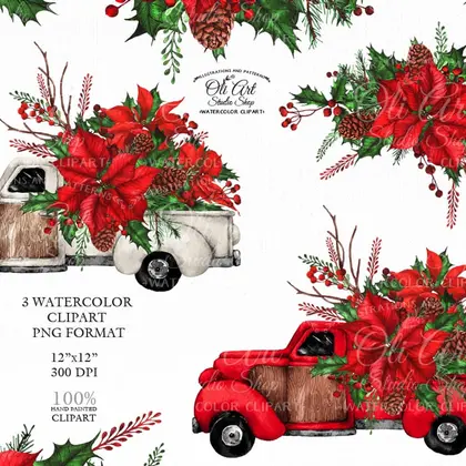 Watercolor Christmas Truck Clipart Rustic Clip Art Winter Flowers