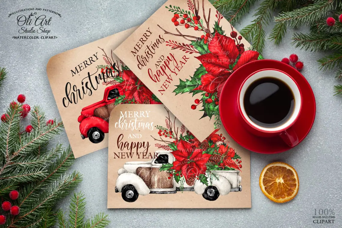 Watercolor Christmas Truck Clipart Rustic Clip Art Winter Flowers 2 Watercolor Christmas Truck Clipart Rustic Clip Art Winter Flowers - Image 2
