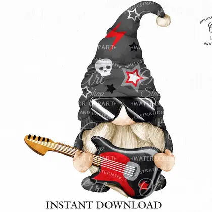 Rock star gnome, digital clipart png, guitar lover