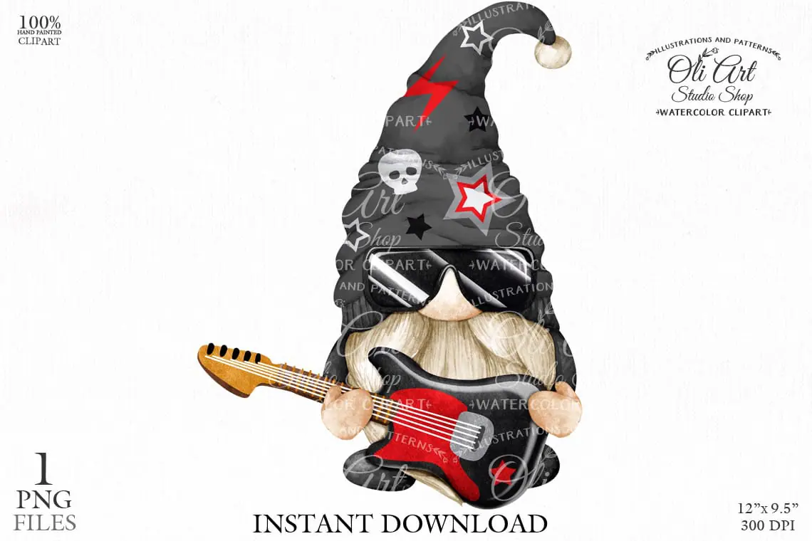 Rock star gnome, digital clipart png, guitar lover 1 Rock star gnome, digital clipart png, guitar lover