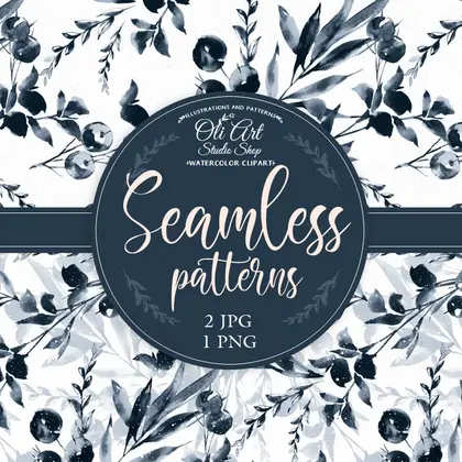 Seamless patterns blue leaves Hand painted Digital clipart png