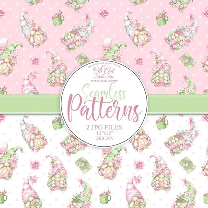 Gnomes with pink flowers. Mother’s Day seamless patterns.