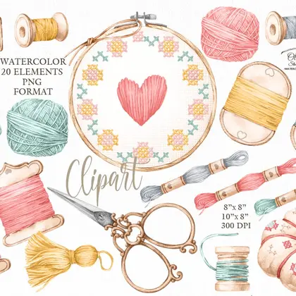Watercolor sewing clip art. Kit, needlework, stitching, scissors