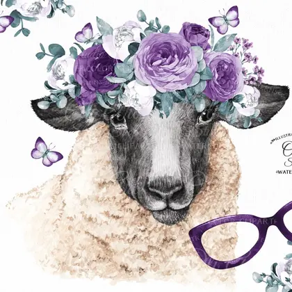 Cute sheep with flowers clipart PNG, glasses, floral crown