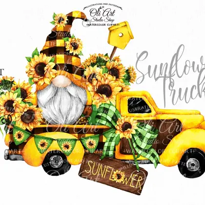 Sunflower truck clipart, gnome, digital download design