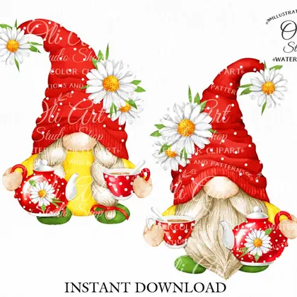 Clipart Tea and gnomes. Gnomes and daisies. Chamomile tea.