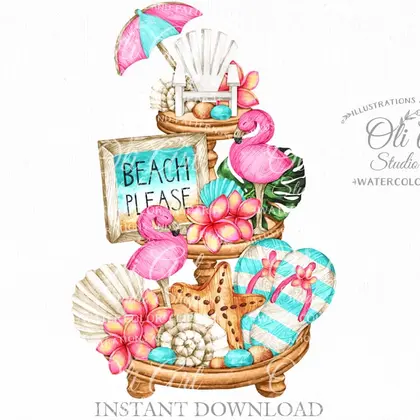 Tiered tray design summer beach hand drawn graphics printable art