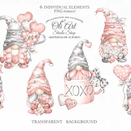 Watercolor Valentine's Pink Gnomes PNG clipart, love clipart
