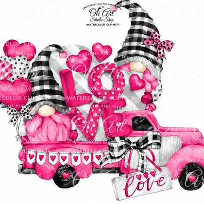 Watercolor Valentine's Day clipart, Pink Truck, Gnomes