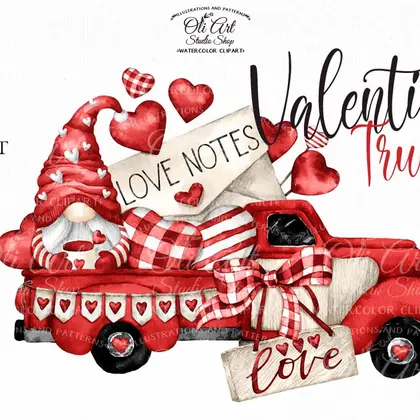 Watercolor Valentine's Day clipart, red Truck, Gnome