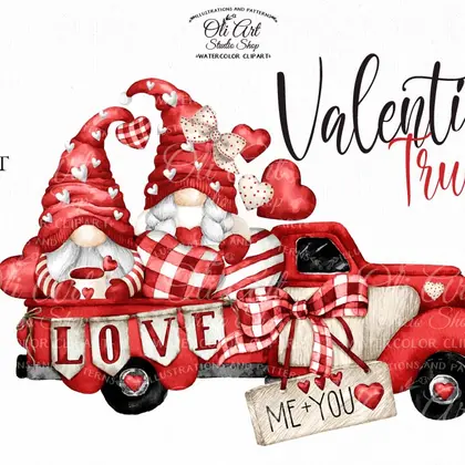 Watercolor Valentine's Day clipart, red Truck, Gnomes