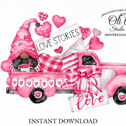 Watercolor Valentine's Day clipart, Gnomes, Vintage pink Truck