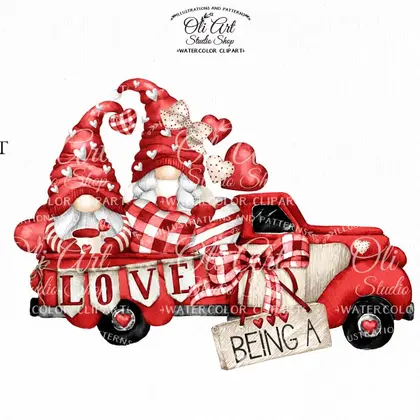 Watercolor Valentine's Day clipart, Red Truck, Gnomes being a