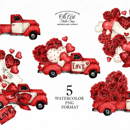 Watercolor Valentine's Day clipart, Vintage Red Truck, Hearts