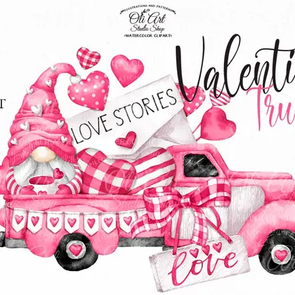 Watercolor Valentine's Day clipart, Gnomes, Vintage pink Truck