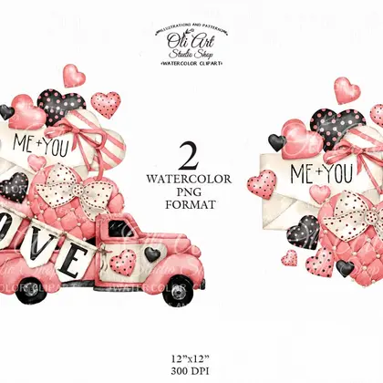 Watercolor Valentine's Day clipart, Vintage pink Truck, Hearts