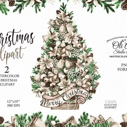 Сhristmas Watercolor clipart. Christmas Tree, frame. Hand Painted
