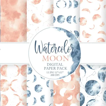 Watercolor moon blue and cream Digital seamless pattern