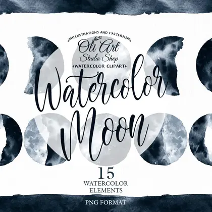 Watercolor moon phases art. Hand painted clipart moon dark blue