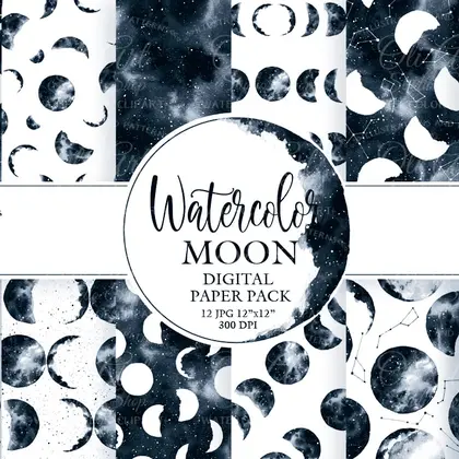 Watercolor moon phases art. Hand painted clipart. moon dark blue