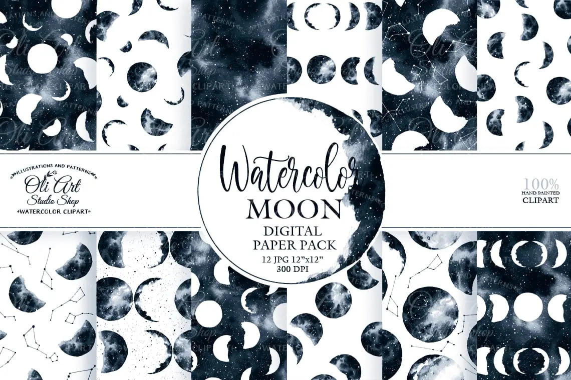 Watercolor moon phases art. Hand painted clipart. moon dark blue 1 Watercolor moon phases art. Hand painted clipart. moon dark blue