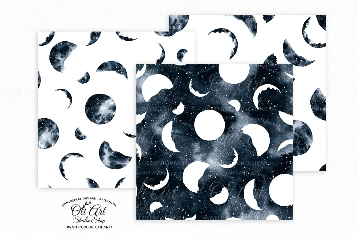 Watercolor moon phases art. Hand painted clipart. moon dark blue 6 Watercolor moon phases art. Hand painted clipart. moon dark blue - Image 6