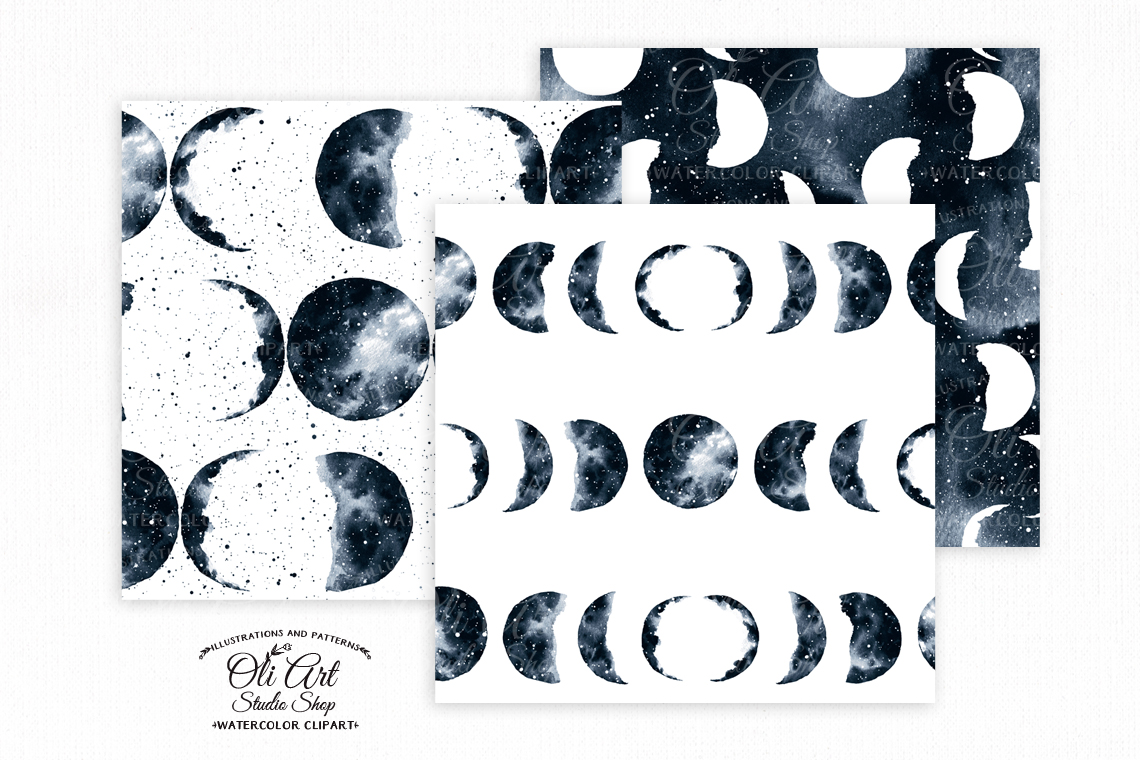 Watercolor moon phases art. Hand painted clipart. moon dark blue 5 Watercolor moon phases art. Hand painted clipart. moon dark blue - Image 5