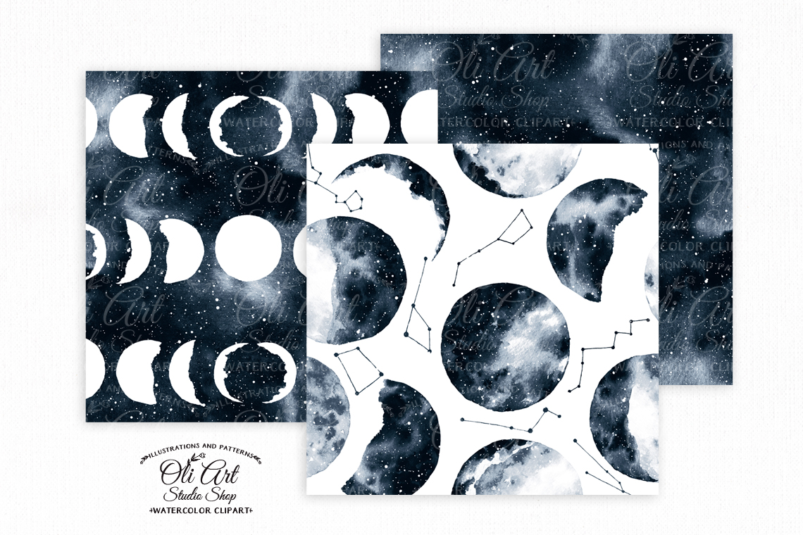 Watercolor moon phases art. Hand painted clipart. moon dark blue 3 Watercolor moon phases art. Hand painted clipart. moon dark blue - Image 3