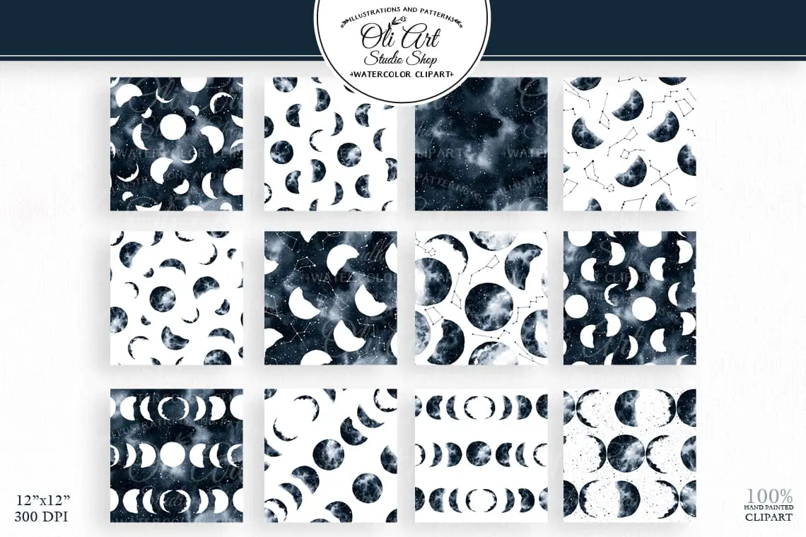 Watercolor moon phases art. Hand painted clipart. moon dark blue 2 Watercolor moon phases art. Hand painted clipart. moon dark blue - Image 2
