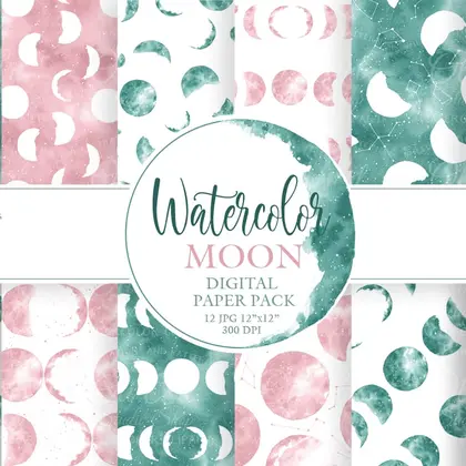 Watercolor moon turquoise pink Digital seamless pattern clipart